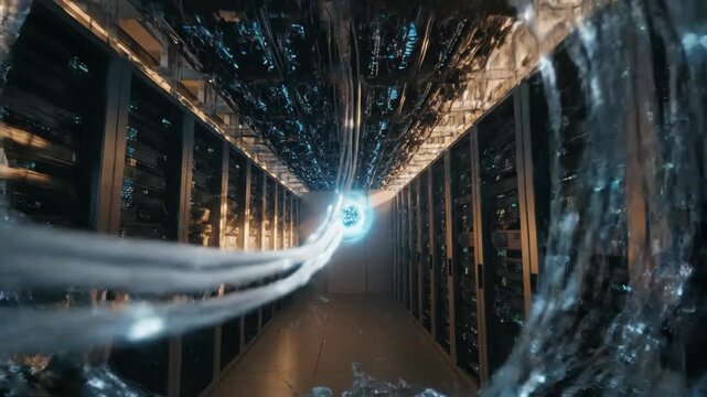 Data center server room with glowing cables for high speed technology and network solutions.