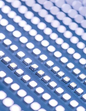Close-up of a blue circuit board filled with numerous bright, square LED lights arranged in neat, parallel rows. Intense focus highlights the small, glowing components