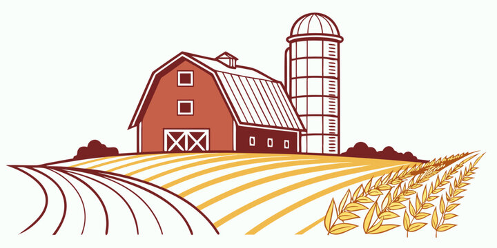A red barn and silo on a farm with a field Vector