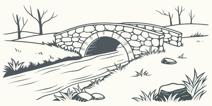 A stone bridge over a small stream in a rural landscape Vector