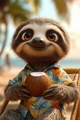 Fototapeta premium relaxed sloth in floral tropical shirt holding a coconut drink while seated on a wicker chair at a sunlit beach with palm trees and a warm sunset