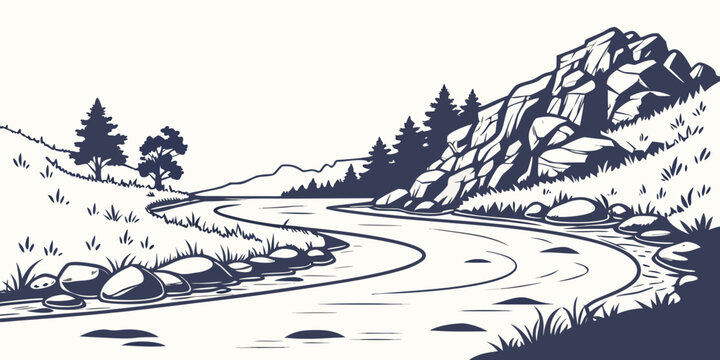 A winding river flowing through a mountainous landscape Vector