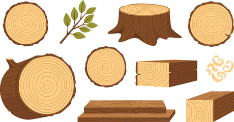 Wood Log and Tree Trunk Slice Vector Set with Timber Stump Plank Branch and Lumber Elements for Natural Rustic Design