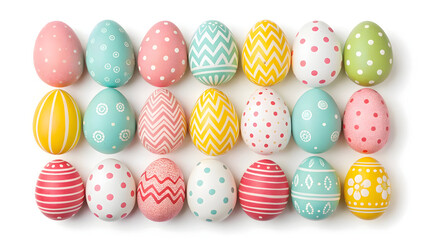Fototapeta premium Colorful Easter Eggs with Various Patterns on White Background