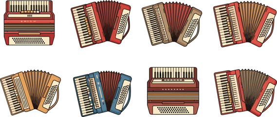 Accordion Musical Instrument Collection with Classic Folk Accordions, Vintage Button and Piano Accordion Variations Vector Illustration © Nurjjaman