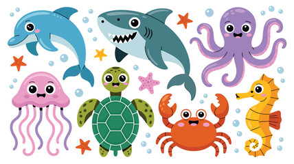 Cute Cartoon Ocean Animals Collection Vector Illustration.