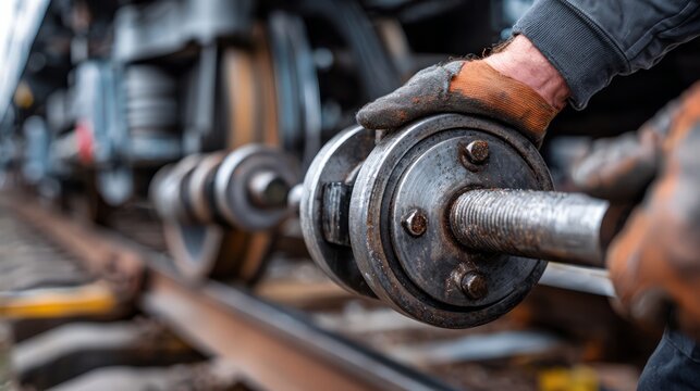 A railway technician tightening bolts on train wheel assembly. Concept of railway maintenance operation and axlebox repair.