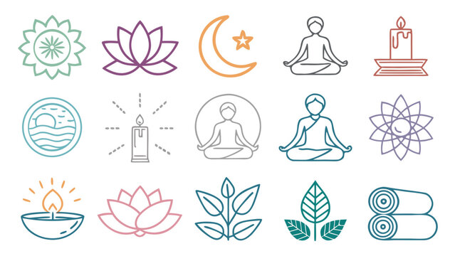 Elegant outline icons representing spiritual wellness, mindful meditation, and natural relaxation. Ideal for designs promoting peace, balance, and a holistic lifestyle