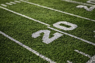 Obraz premium Close-up of the 20-yard line on a vibrant green American football field with white markings.