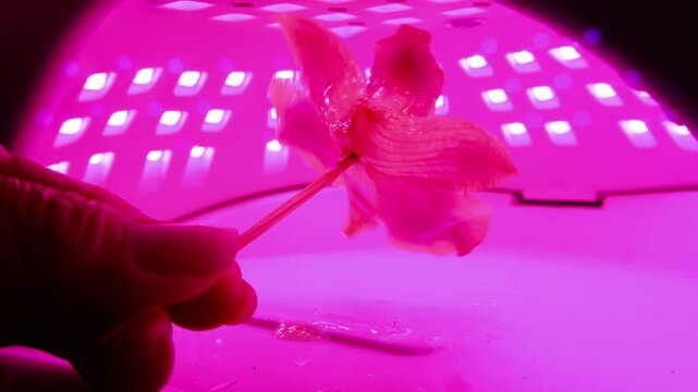 Footage of hand curing each layer of Orchid under a UV light during accessory crafting process