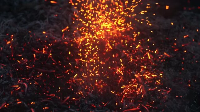 Cinematic Slow Motion Burning Embers and Sparks Flying on Black Background