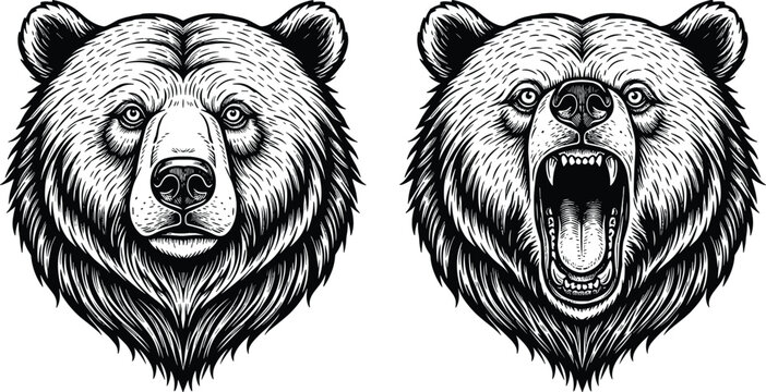 Bear head illustration set with roaring and calm bear faces detailed wildlife predator mascot design for logo tattoo emblem