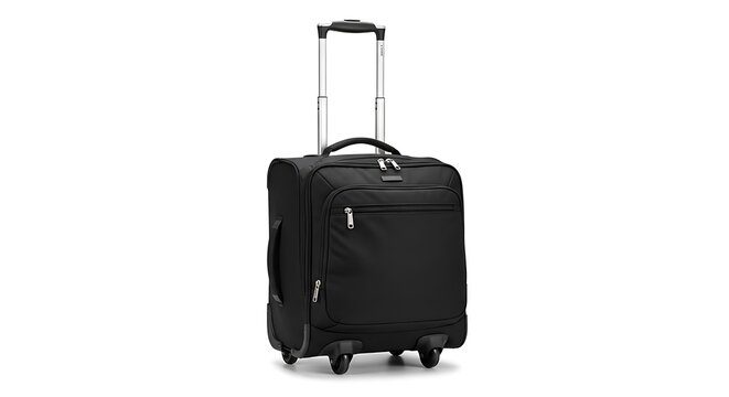 Black rolling carry-on luggage case isolated on white