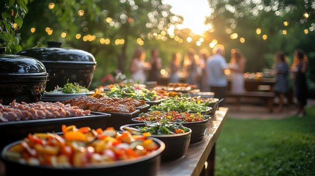 sunlit outdoor buffet of colorful salads, grilled dishes and serving pots on a wooden table with string lights and blurred guests enjoying a relaxed festive garden gathering
