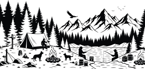 Fototapeta premium Mountain camping and fishing scene silhouette with tent, campfire, lake, forest and hikers in wilderness landscape adventure vector illustration