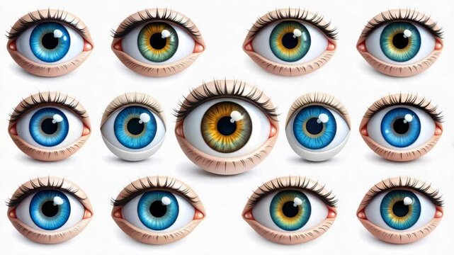 Diverse realistic stylized human eyes with blue, green, and brown irises on white background