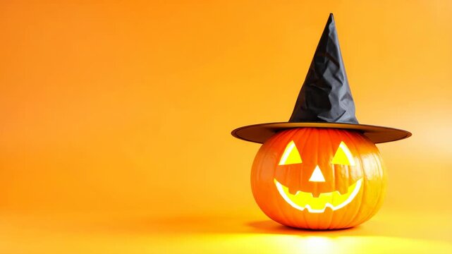 Glowing jack o' lantern with carved face wearing a black witch hat on an orange background