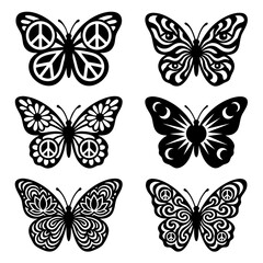 Obraz premium Butterfly Silhouette Vector Set with Peace Signs, Flowers and Celestial Moons for Laser Cutting, Tattoo Design, Apparel Print and Hippie Boho Lifestyle Branding