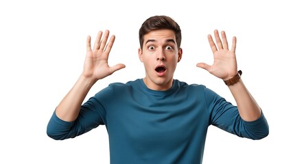 Fototapeta premium Surprised young man holding hands up with open mouth against white background