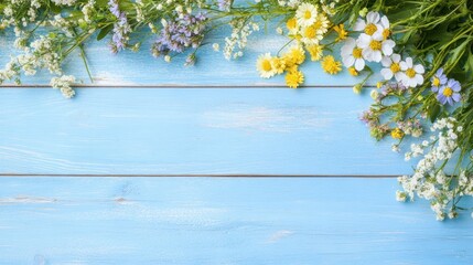 Floral Embellishment on Pastel Timber: A delicate garland of wildflowers, each petal painted with the vibrant hues of spring, elegantly frames a light blue, weathered wooden surface.