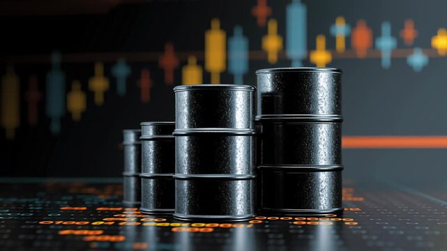 oil barrels and energy investment trends, modern market analysis visuals with data overlays, professional article illustration, Black barrels stand near glowing data lines. Chart candles flicker 