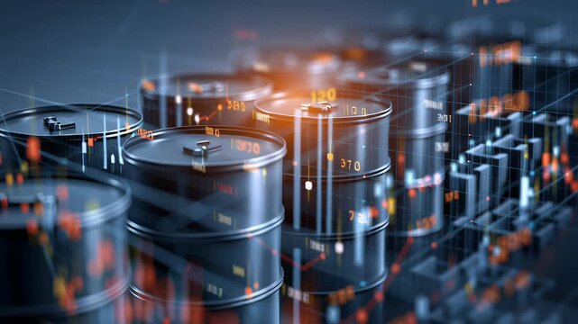oil barrels and energy investment trends, modern market analysis visuals with data overlays, professional article illustration, Metal barrels stand in sharp focus, gleaming under bright light. 