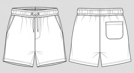 Technical Drawing of Shorts with Elastic Waistband and Pockets.