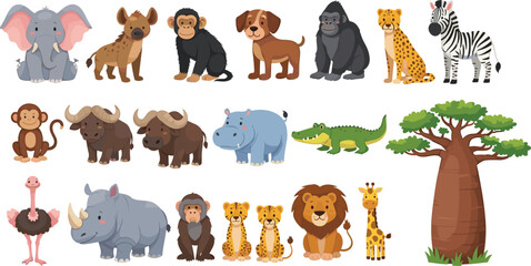 Cute Cartoon Safari Animals Set with Elephant Lion Zebra Giraffe Crocodile Rhino Hippo Monkey and Baobab Tree © Sohel