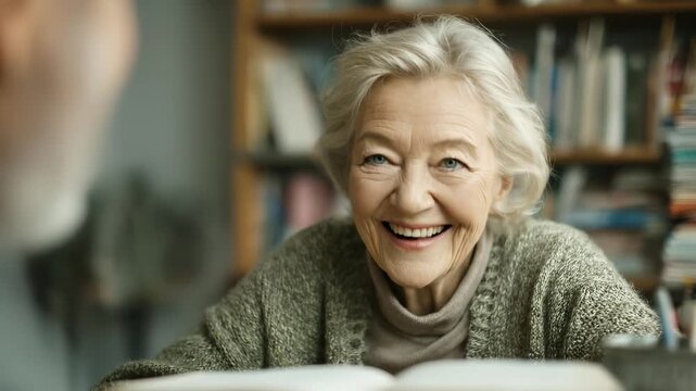 Thoughtful senior woman discussing something with someone off camera. Focused elderly lady shares wisdom. Indoor setting, cozy library. Genuine emotion, relatable scene.