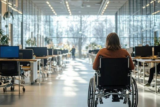 person in a wheelchair in a sunlit open-plan office with rows of desks, computers and large glass windows, conveying a calm, contemplative and hopeful mood