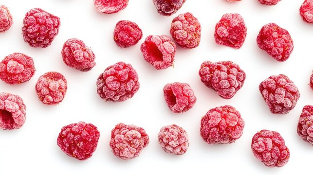 Ruby Jewels: A scattered collection of vibrant, frozen raspberries, bursting with color and texture, offering a fresh taste of nature's candy.