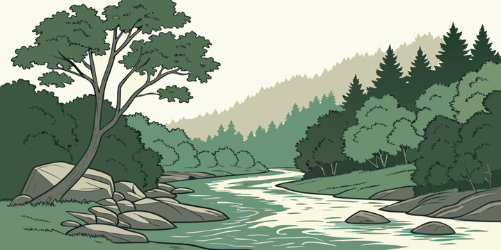 A serene river flowing through a forest with a mountain range in the background Vector