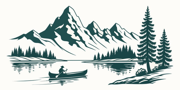 A person in a canoe on a lake with mountains and trees Vector