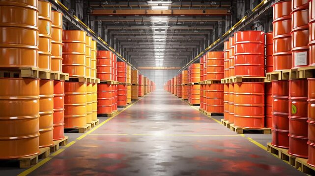 oil barrel storage system for crude oil, rows of barrels with warehouse atmosphere, professional energy industry visual, Rows of orange barrels line warehouse aisles. High ceilings and polished floors