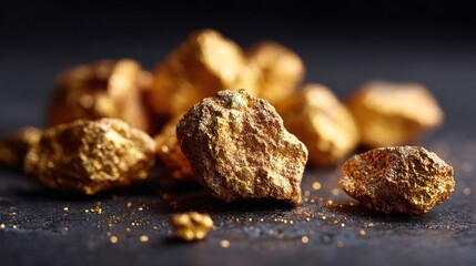 Close-up of gold nuggets on a dark surface, representing wealth and value