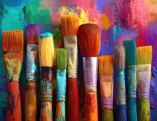 Fototapeta premium Vibrant Artist Paint Brushes with Colorful Paint Strokes on Canvas.