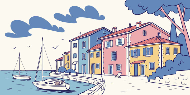 Colorful buildings by the waterfront with sailboats Vector