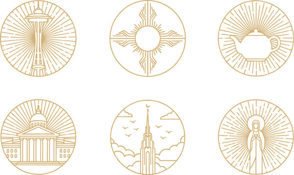 Minimal landmark and cultural symbols line icons set with Space Needle cross teapot capitol building skyline and sacred figure