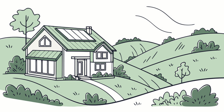 A white house with a green roof on a hill Vector