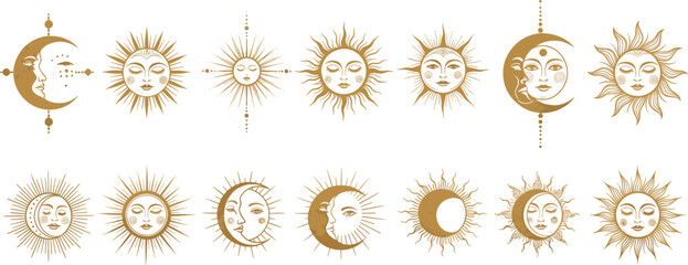 Vintage celestial sun and moon faces collection with radiant solar symbols mystical astrology decorative line art vector set © REYAD