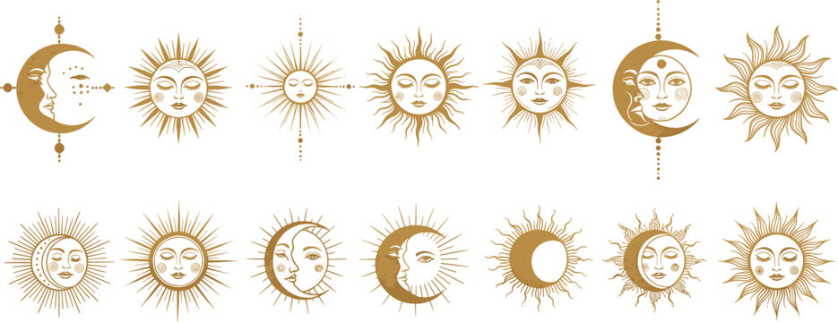 Vintage celestial sun and moon faces collection with radiant solar symbols mystical astrology decorative line art vector set