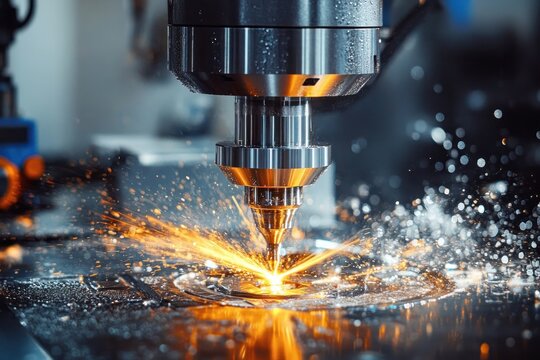 close-up of metal machining with spinning cutting tool producing bright orange sparks and coolant spray, dynamic precision and industrial energy