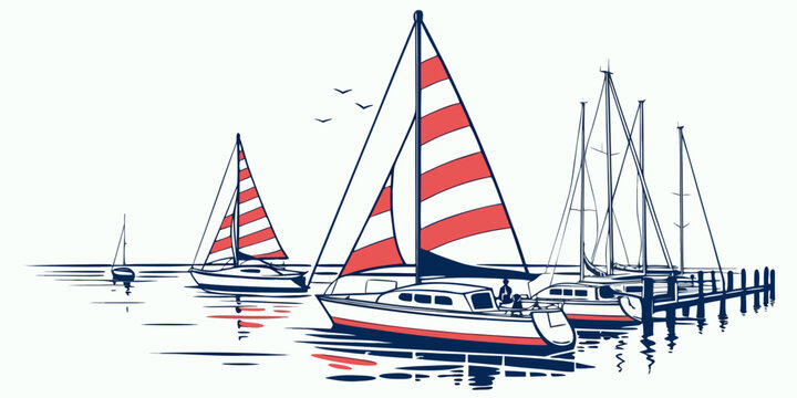 A sailboat with red and white striped sails on the water Vector