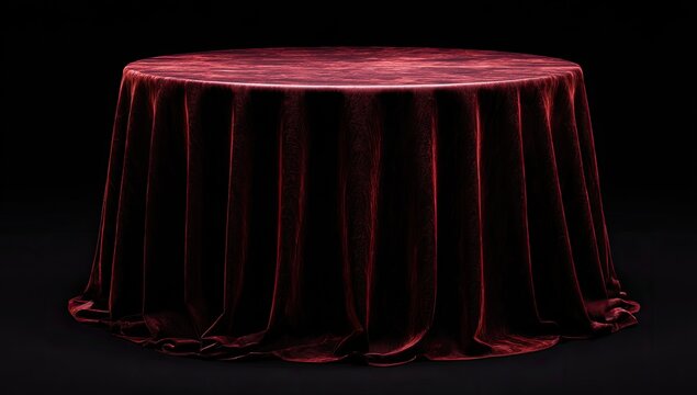 Elegant Round Table Covered in Rich Burgundy Velvet Fabric.