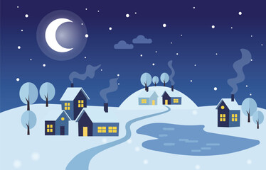 Naklejka premium Cozy winter village at night with snow covered houses, frozen pond and crescent moon in flat design style.