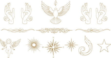 Sacred mystical line art symbols set with dove hands cherub compass sun stars and ornamental flourishes elegant spiritual vector collection © REYAD