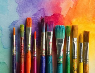 Fototapeta premium Colorful Paint Brushes on a Vibrant Watercolor Background.