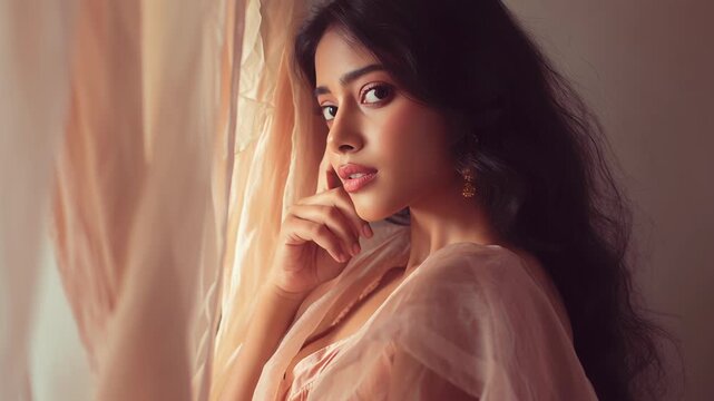Indian woman with graceful expression, flowing fabric, soft pastel tones, cinematic light, elegant and timeless beauty, editorial style, elegance grace uncluttered scene, Soft light glows 