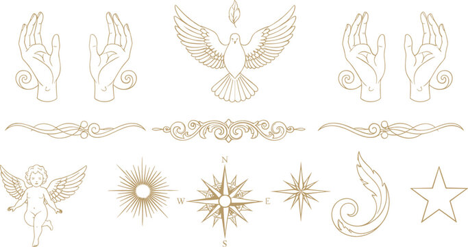 Sacred mystical line art symbols set with dove hands cherub compass sun stars and ornamental flourishes elegant spiritual vector collection