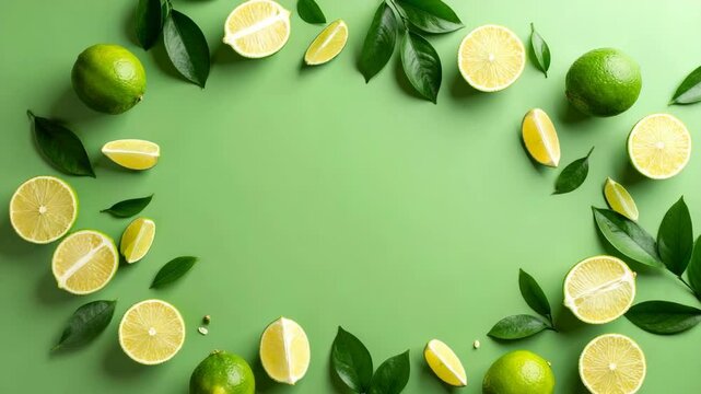 Fresh green limes and leaves arranged on a vibrant light green background with copy space